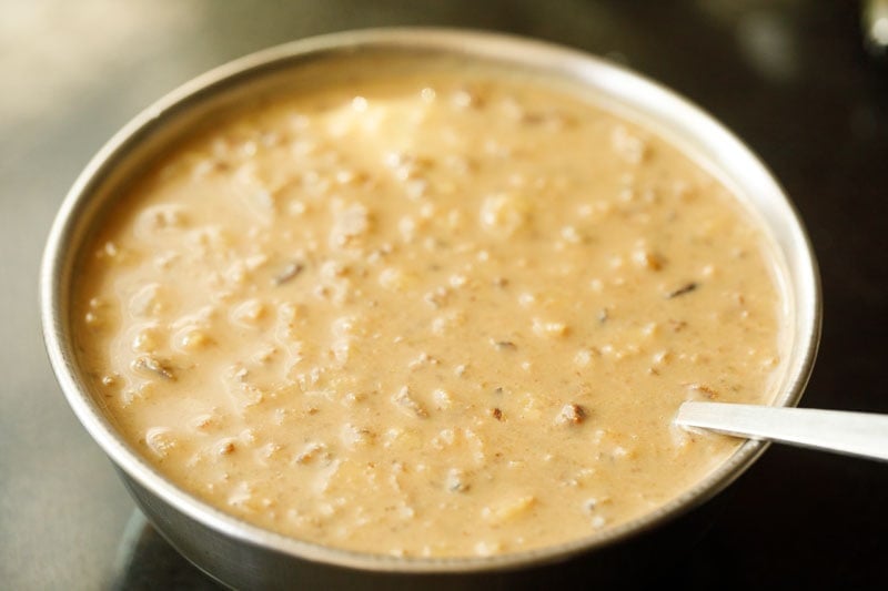 wet mixture in bowl with a spoon inside.