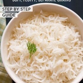 overhead shot of cooked basmati rice in a white bowl with a coriander sprig on top with text layovers.