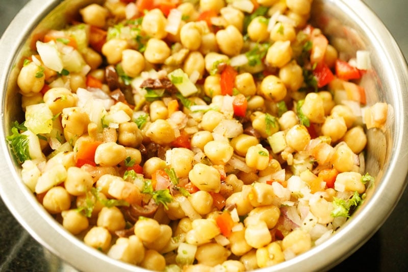 ingredients tossed well to make chickpea salad. 