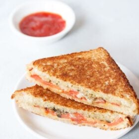 tomato cheese sandwich served on a white plate with a small bowl of tomato sauce kept on the top side and text layovers.