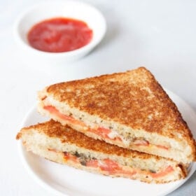 tomato sandwich served on a white plate with a small bowl of tomato sauce kept on the top side.