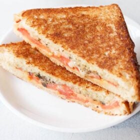 tomato sandwich served on a white plate on a white table.