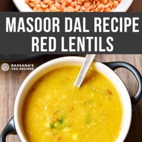 masoor dal in a bowl with with text layovers.