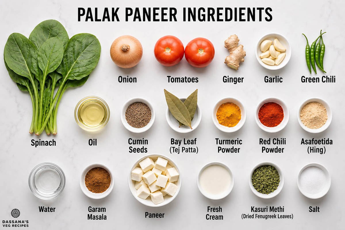 Ingredients for homestyle Palak Paneer arranged on a white marble background: spinach, onion, tomatoes, ginger, garlic, green chili, oil, cumin seeds, bay leaf (tej patta), turmeric powder, red chili powder, asafoetida (hing), water, garam masala, paneer, fresh cream, kasuri methi (dried fenugreek leaves) and salt.