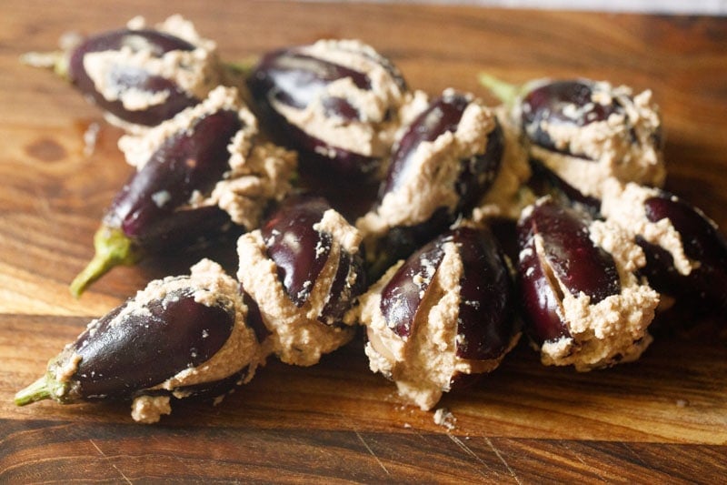 masala paste stuffed inside small eggplants to make bharli vangi.