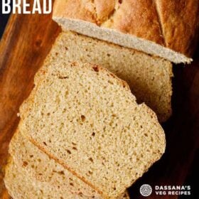 whole wheat bread slices on wooden board with text layovers.