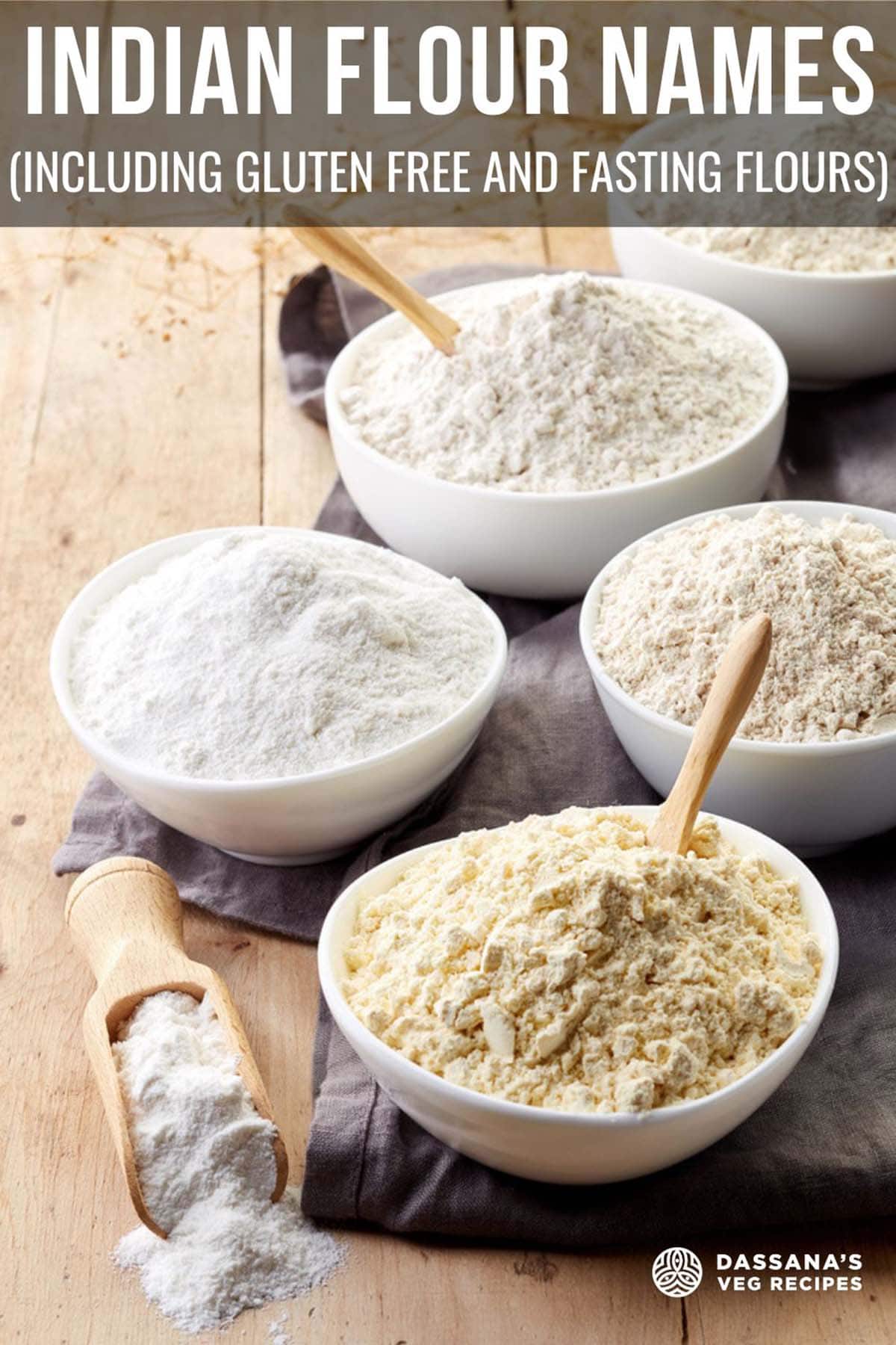 white bowls filled with various flours on wooden table.