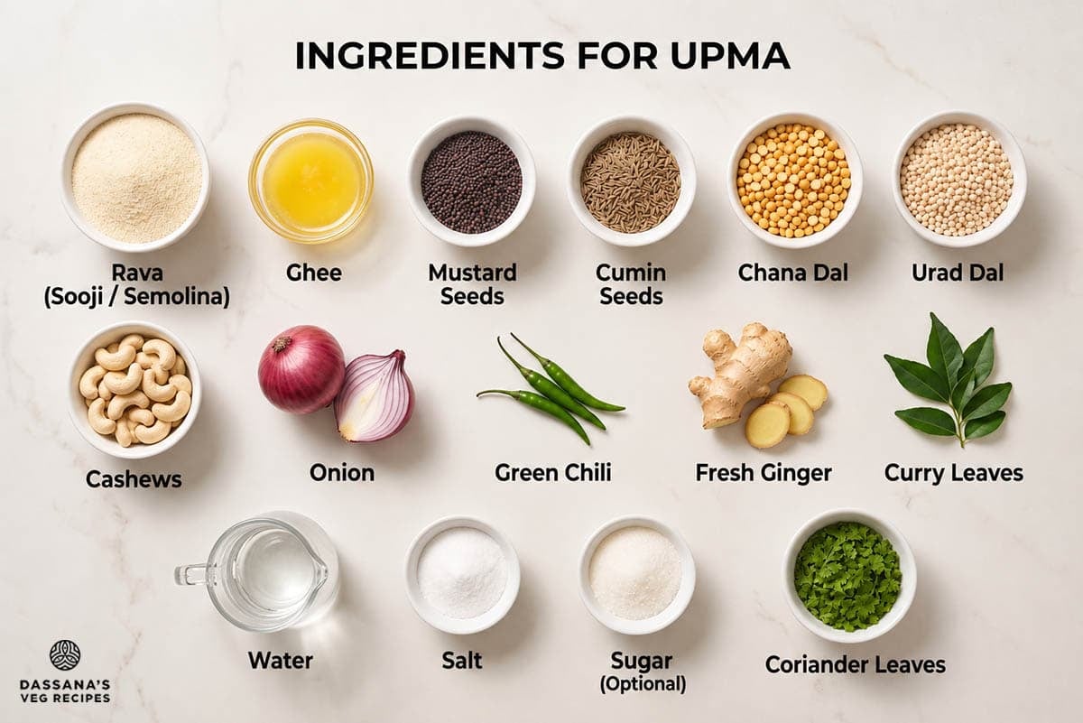 Ingredients for upma arranged on a white surface: rava (sooji/semolina), ghee, mustard seeds, cumin seeds, chana dal, urad dal, cashews, onion, green chili, fresh ginger, curry leaves, water, salt, sugar and coriander leaves.