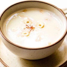 Creamy sabudana kheer dessert with saffron and nuts.