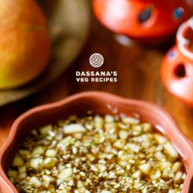 ugadi pachadi in a brown colored bowl with text layovers.