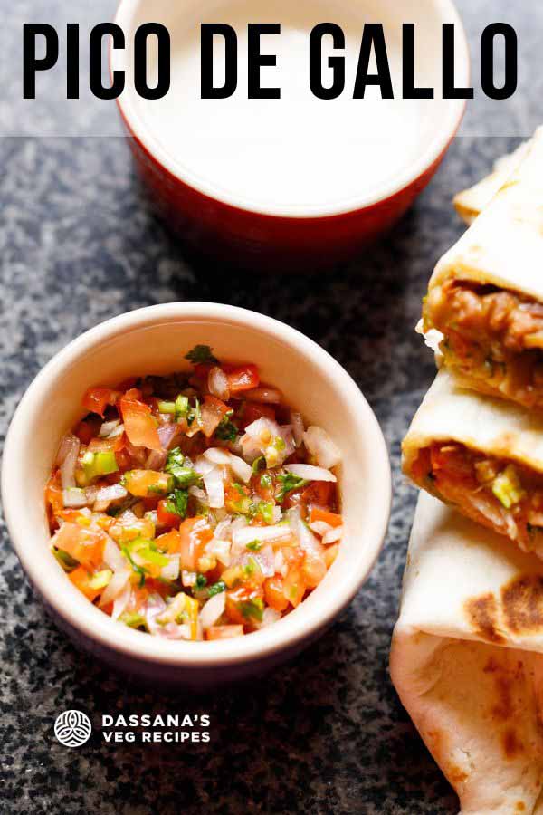 pico de gallo in a bowl with burrito wraps placed next to it.