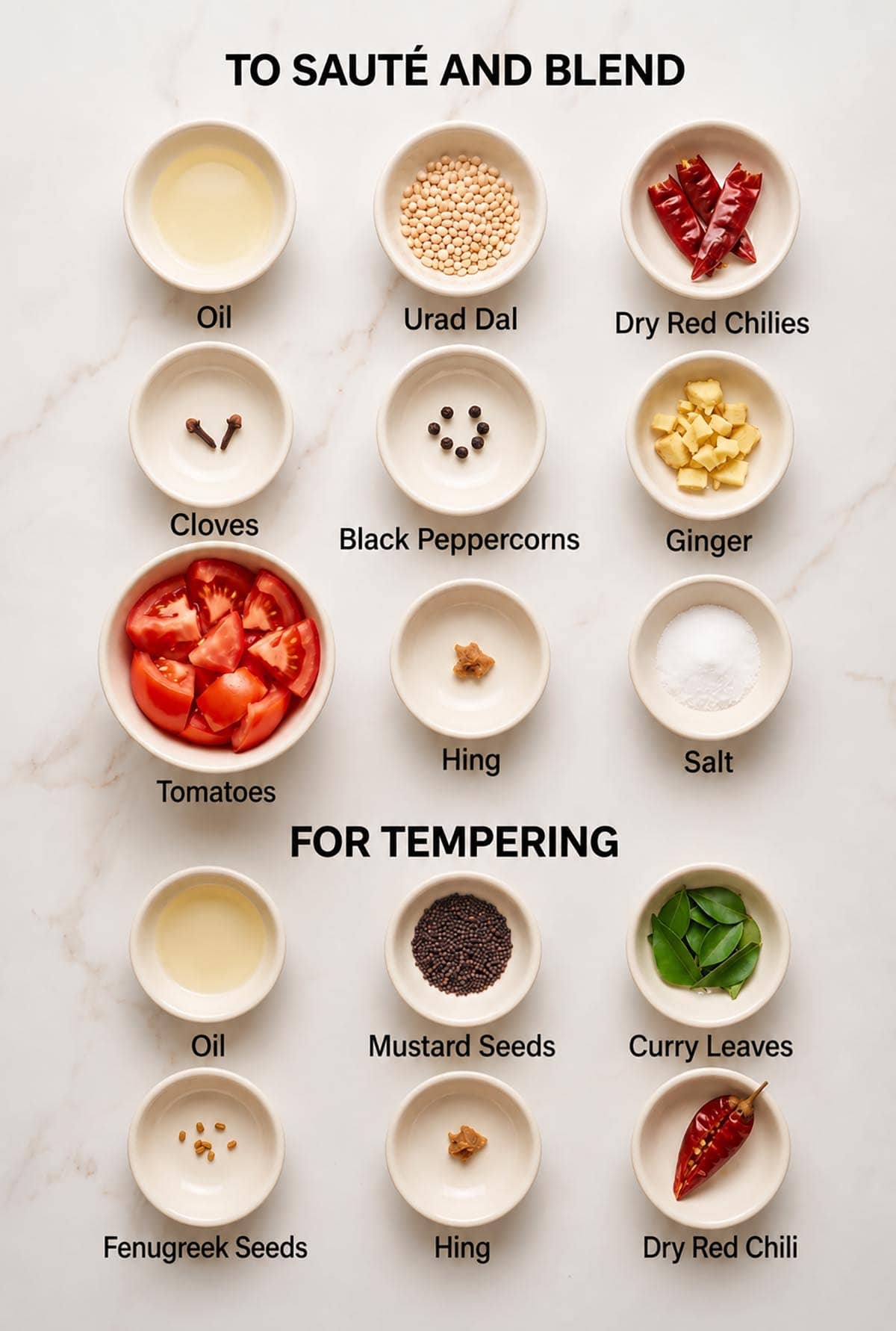 Overhead photo of the ingredients for tomato chutney arranged in bowls, including tomatoes, ginger, urad dal, dry red chilies, spices and tempering ingredients.