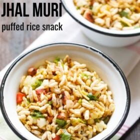 jhal muri in black rimmed white bowl with text layovers.