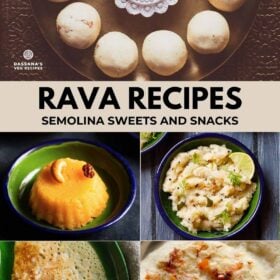 collage of five rava recipes with text layovers.