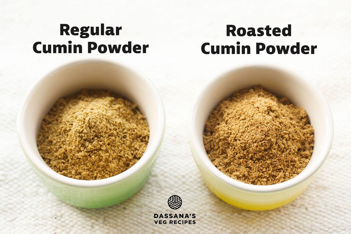 regular cumin powder and roasted jeera powder in two bowls on an off-white jute cloth with text layovers.