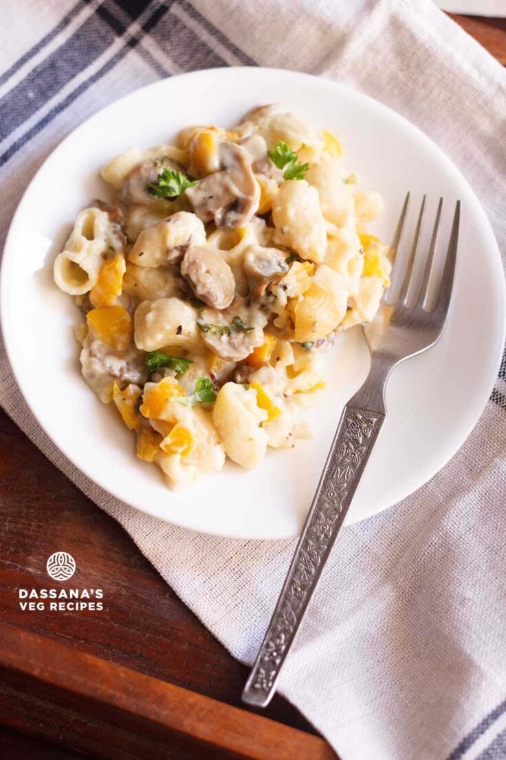 mushroom pasta served on a white plate with a fork.