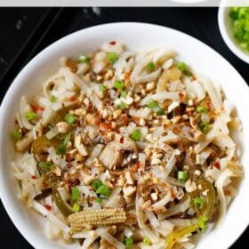 pad thai in a white bowl garnished with crushed peanuts and spring onions.
