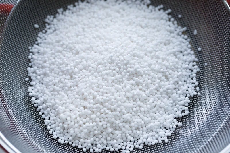 small sago pearls in a mesh strainer.
