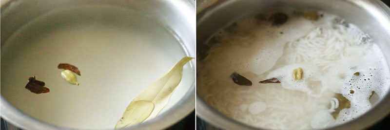 cooking rice with whole spices and water in a pot for making jeera rice recipe.