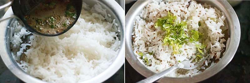 adding tempering and chopped coriander leaves to cooked jeera pulao.