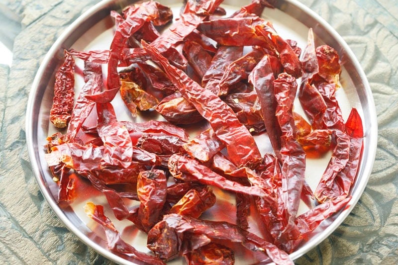 kashmiri red chilies on a plate.