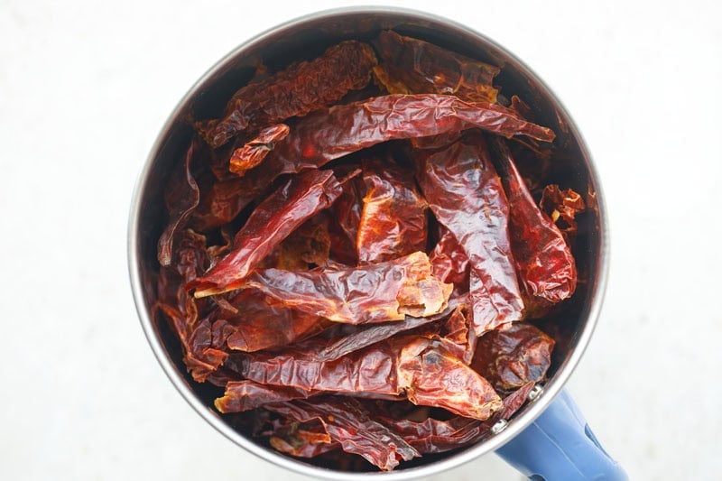 roasted dried red chilies added in a mixer-grinder.