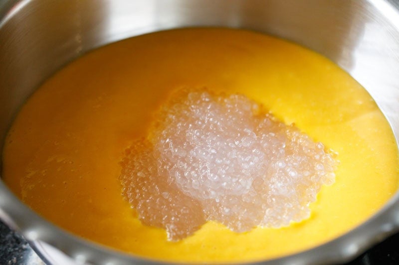 cooled sago pearls added to mango mixture.