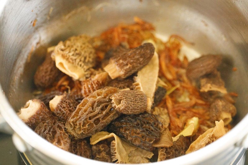 soaked gucchi mushroom added to pan. 
