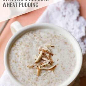 Indian wheat porridge with slivered almonds in a white bowl with handles on a white folded doily with text layovers