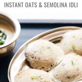Four round oats idli arranged on silver plate with coconut chutney in a silver bowl with text layovers.