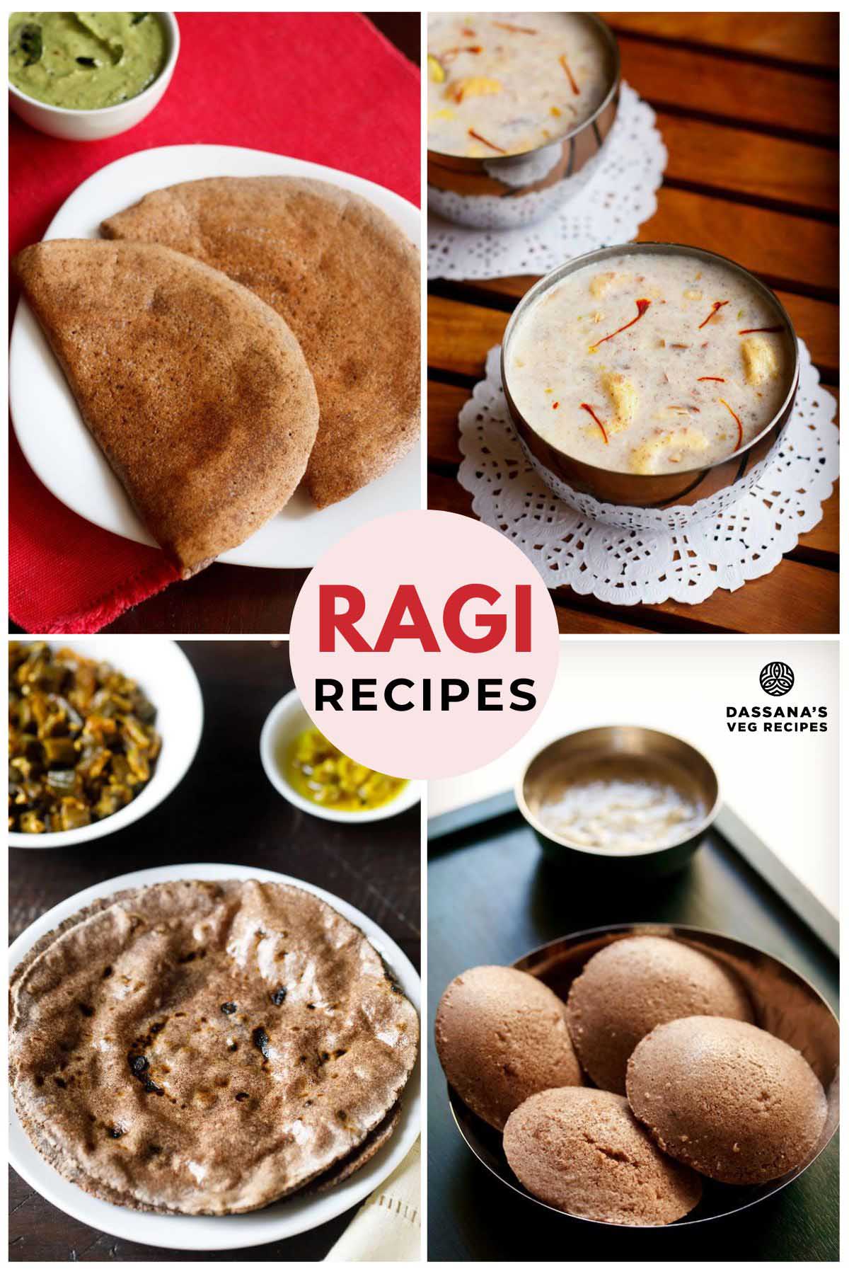 collage of four ragi dishes with text layovers.