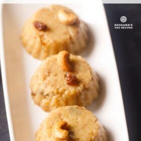 three bread halwa rounds on a white platter with text layovers.