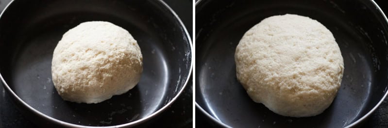 collage of dough before and after resting.