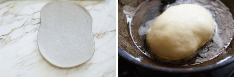 collage of rolled dough and deep frying.