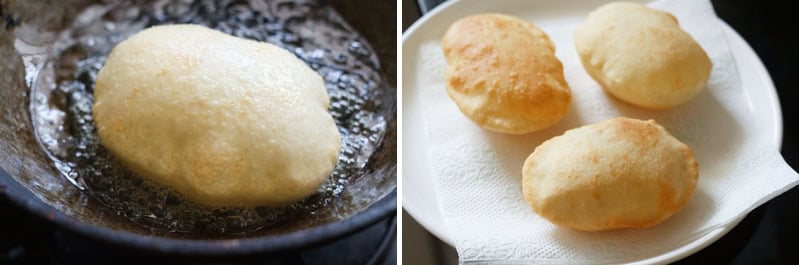 collage of puffed fried bread in oil and three puffy fried breads placed on paper towels.
