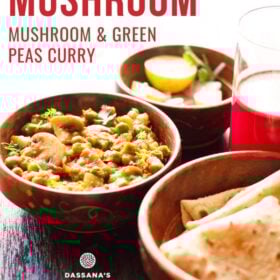 matar mushroom garnished with chopped coriander leaves and served in a wooden bowl along with a bowl of chapatis, onion and lemon and a glass of kanji kept on the right side with text layovers.