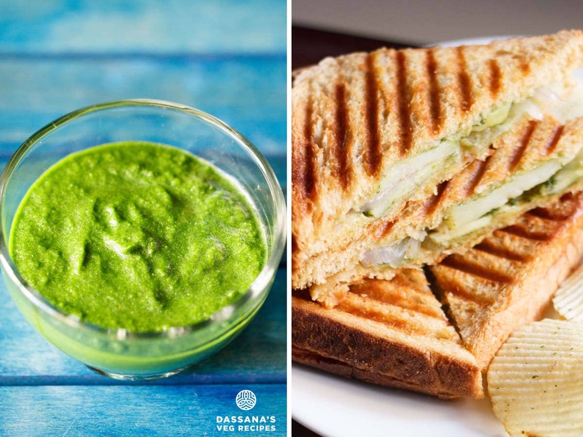 collage of sandwich chutney in a bowl and grilled sandwiches on a plate.