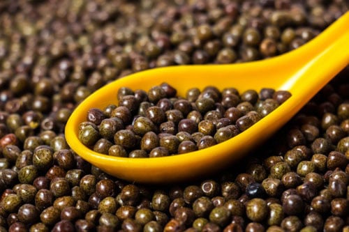 close up shot of dried black peas and a yellow spoon with the peas.