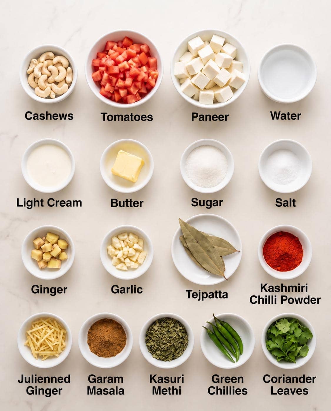 Overhead ingredient photo for Paneer Butter Masala showing tomatoes, paneer, butter, cream, cashews, ginger, garlic, green chilies, Kashmiri chili powder, garam masala, kasuri methi, coriander leaves, tej patta, sugar, salt and water.