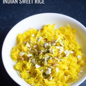zarda pulao in a white bowl with text layovers.