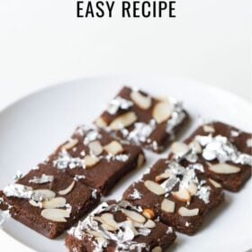 Chocolate barfi slices with nuts and silver foil with text layovers.