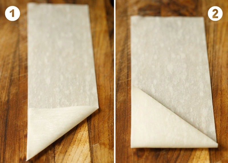 Collage of folding pastry for samosa preparation.