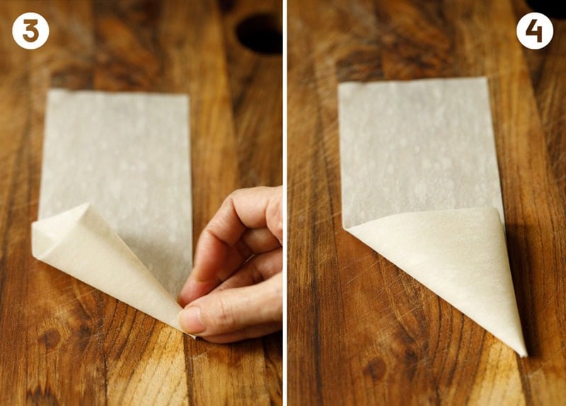 Collage of folding samosa patti into a cone.