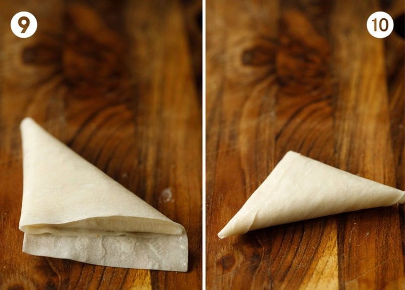 Collage of two folded pastry dough triangles.