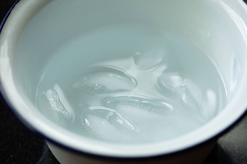 Bowl of water with ice cubes.