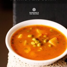 Bowl of aloo matar curry with text layovers.