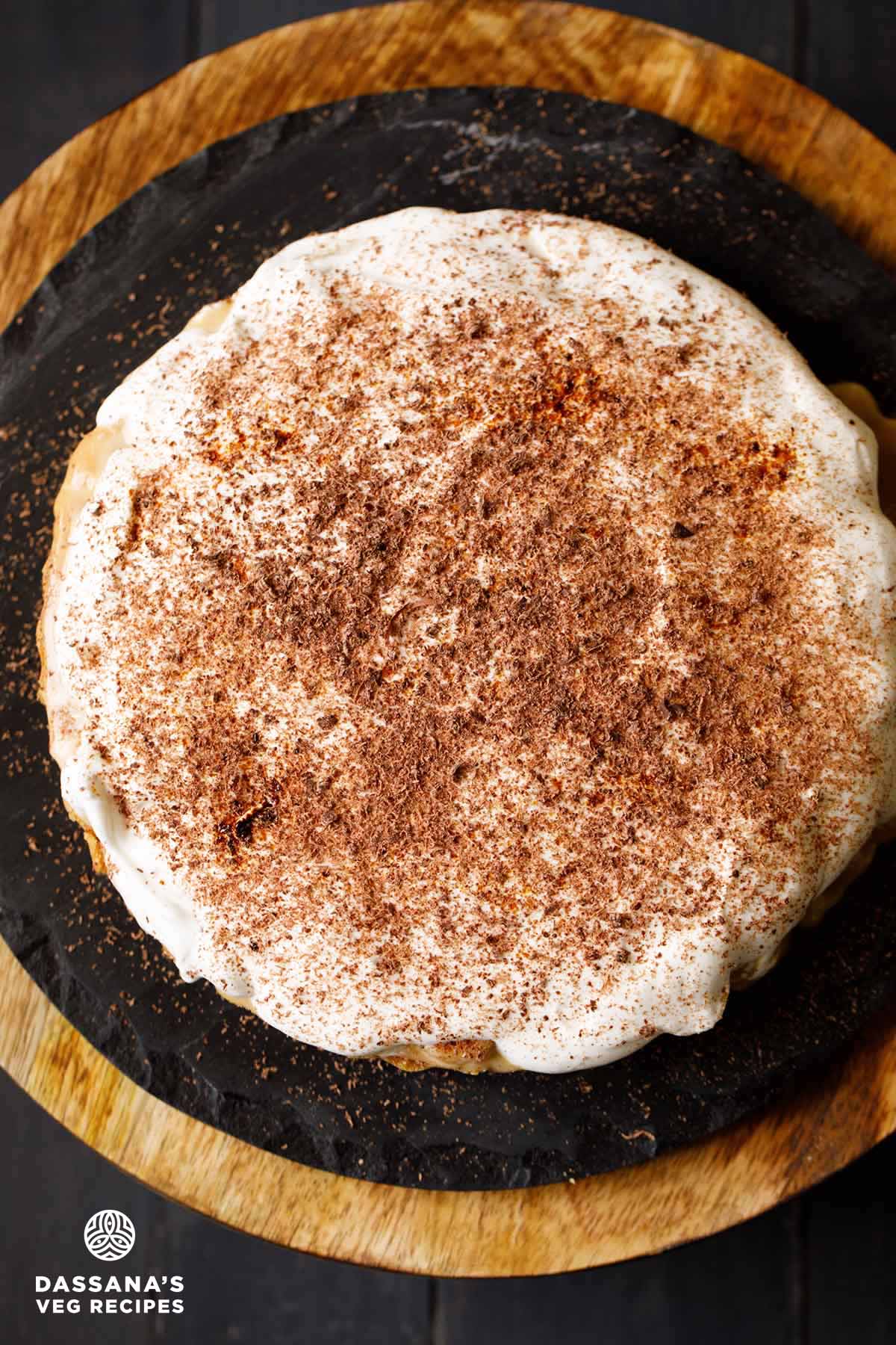 Overheat shot of delicious banoffee pie with chocolate topping.