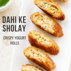 Crispy yogurt rolls on white plate with text layovers.
