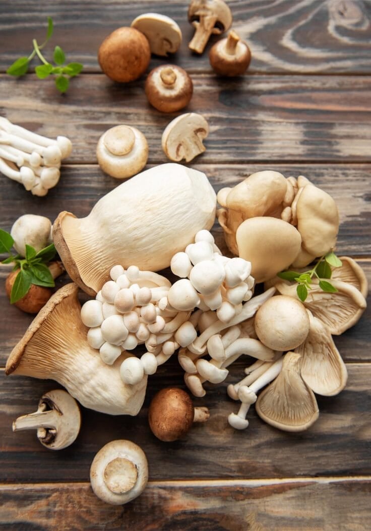 A mix of fresh types of mushrooms on a wooden board.