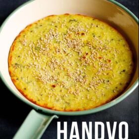 Savory Gujarati snack handvo in pan with text layovers.